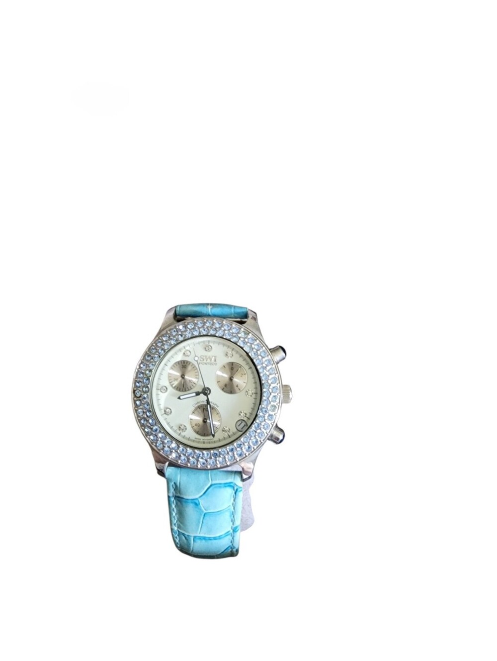 SWI Monteco Women's Chronograph Watch With Rhinestones & Blue Leather Band